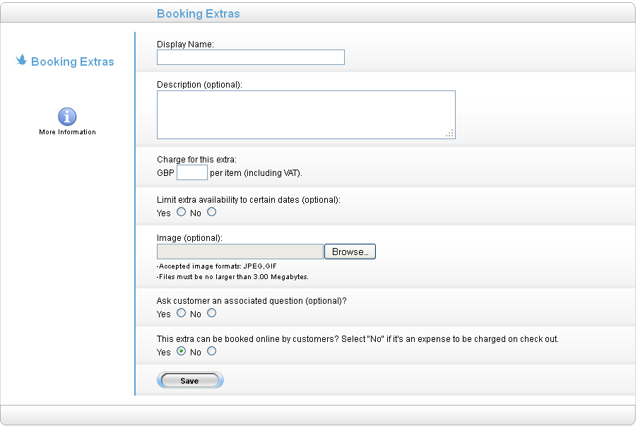 the booking extras page on your freetobook profile booking_extras_screenshot