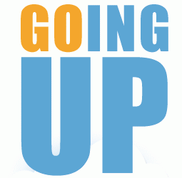 Going Up blue an orange text